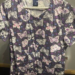 Women's Gray Butterfly Print Top - Purple & White Accents